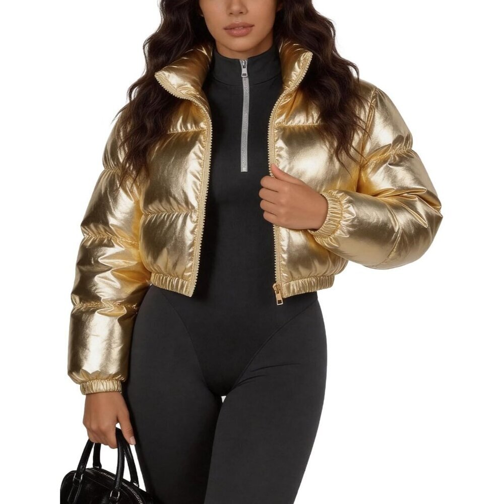 Women's Gold Polyester Metallic Shinny Cropped Zip Up Quilted Puffer Jacket